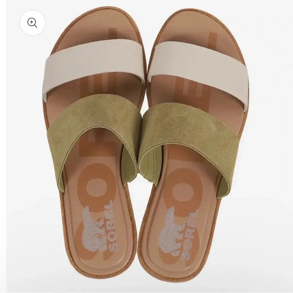 Sorel Shoes - Women’s Sorel Olive Shade + Chalk Ella Il Suede & Leather Sandal Slides Size 8